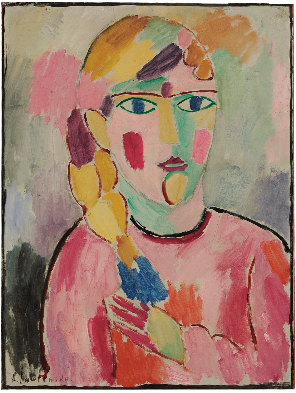 Jente med blå øyne og hestehale; Jente med blå øyne og en grisehale, ca. 1916 av Alexej von Jawlensky
