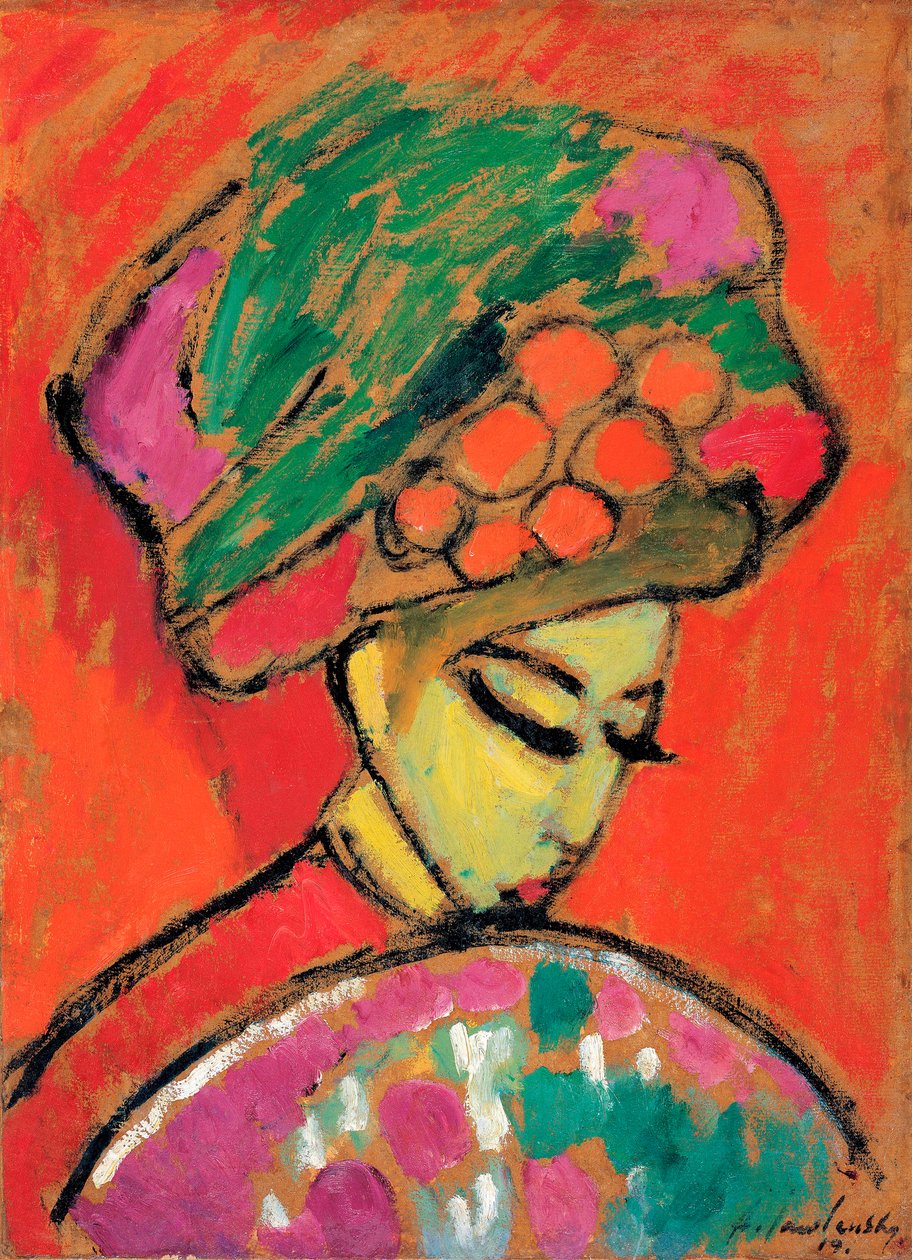 Ung jente med en blomstret hatt - Maleri av Alexei von Javlensky (1864-1941) olje på papp, 67,5x49 cm av Alexej von Jawlensky
