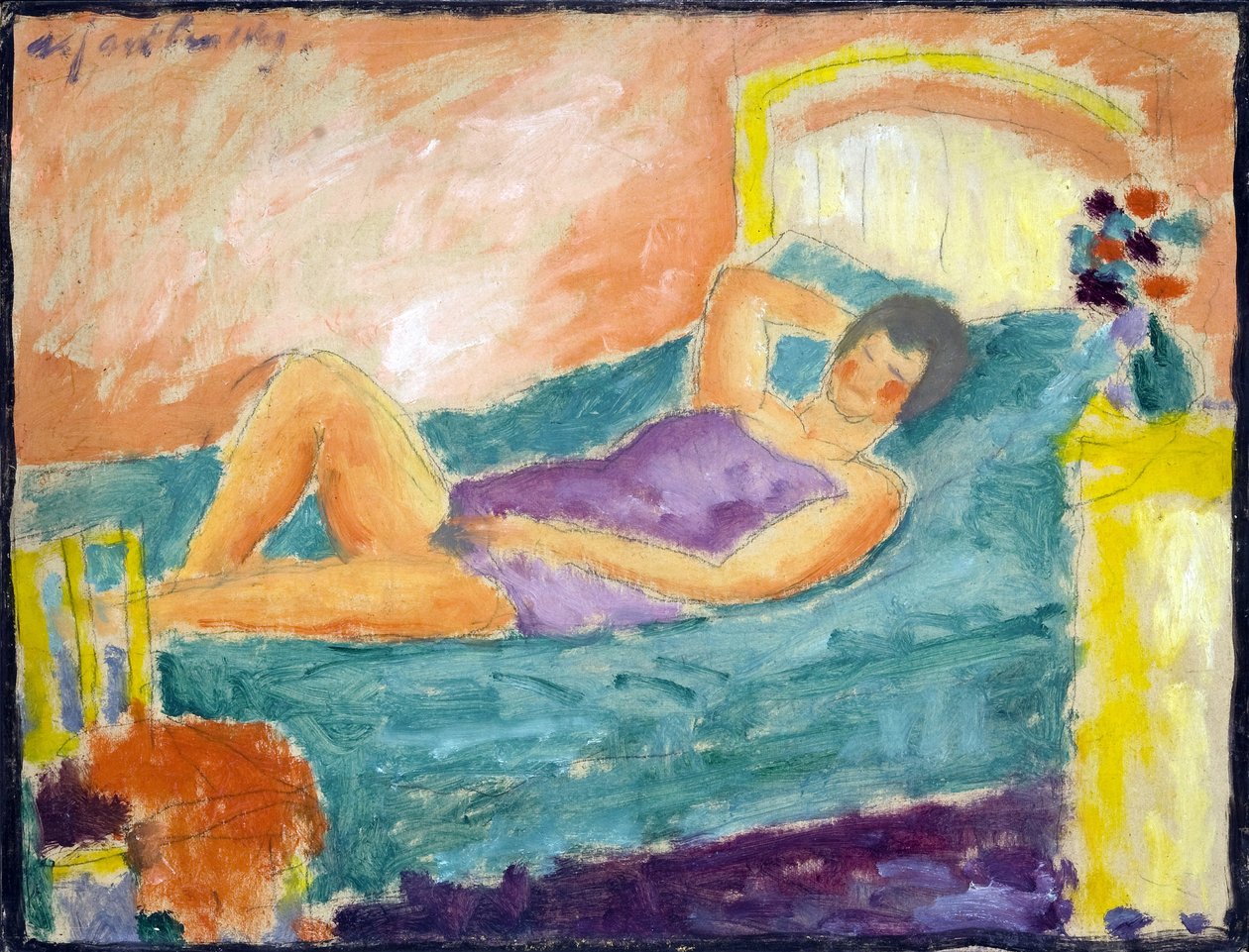 Jenta legger seg ned. (Den liggende jenta). Verk av Alexei von Javlensky (Alexi von Jawlensky, Alexej von Javlenski) (1864-1941). olje på papp av Alexej von Jawlensky
