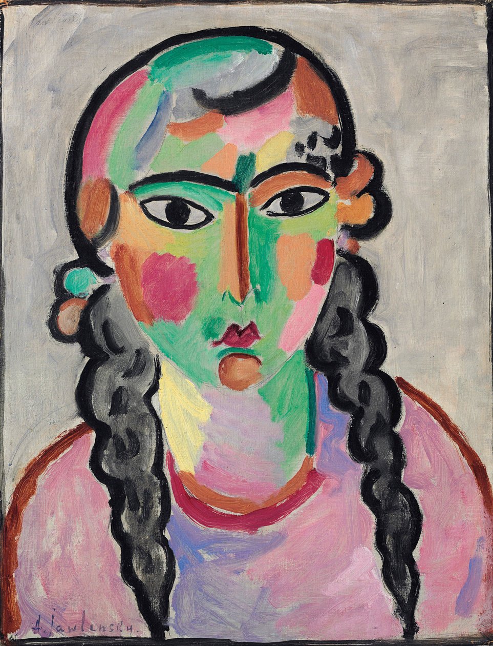 La fille pale aux tresses grises - The Pale Girl with Grey Pigtails, av Alexej von Jawlensky (Javlensky) (1864-1941). Olje på papir, ca. 1916. Mål : 63,5x49,5 cm. Privat samling av Alexej von Jawlensky