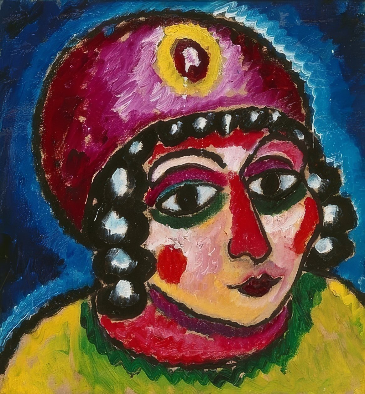 Jentehode med rød turban og gul agraffe (barbarprinsesse). Rundt 1912 av Alexej von Jawlensky
