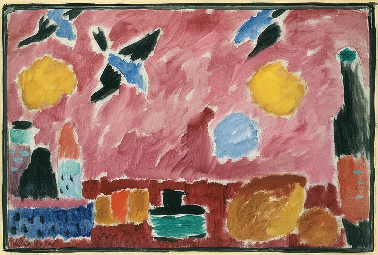Med rød svaletapet (stilleben med flaske, brød og rød svaletapet). 1915 av Alexej von Jawlensky