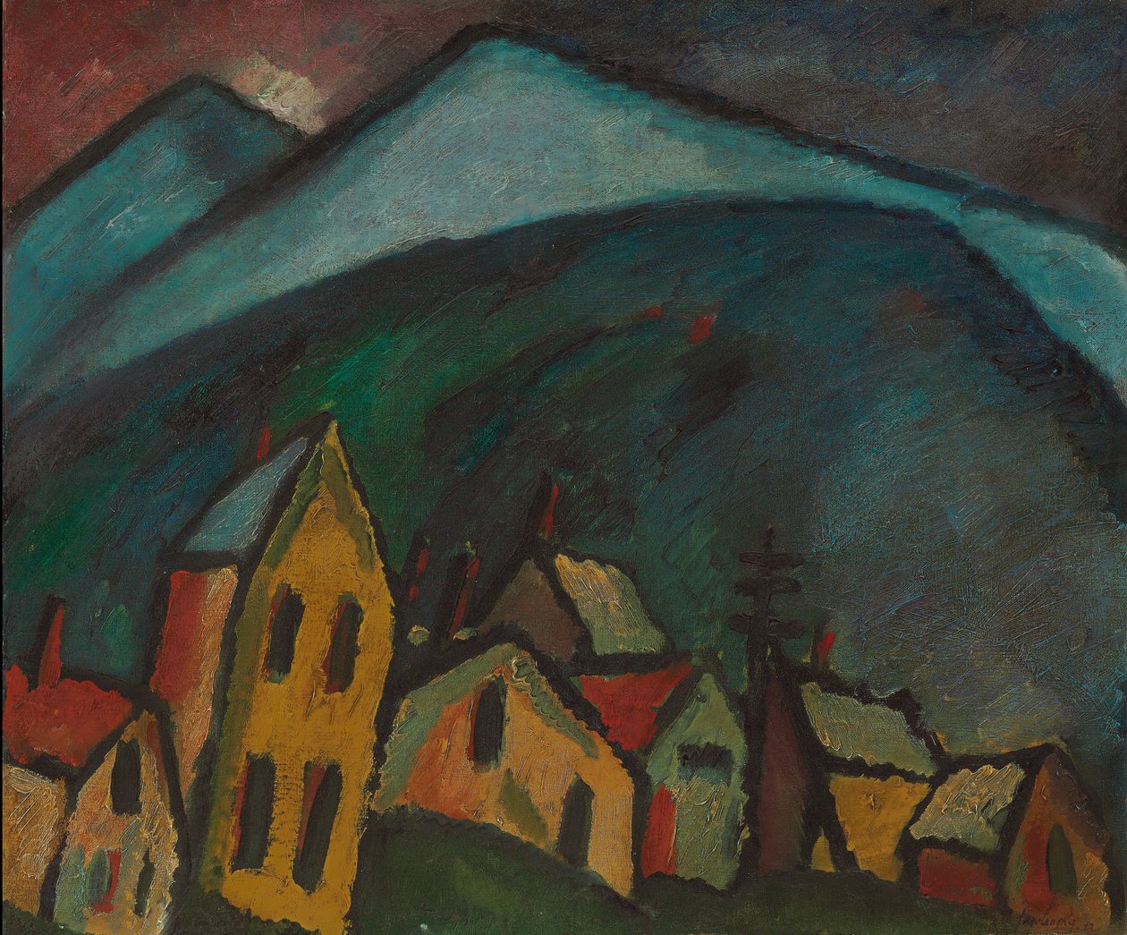 fjellandskap med hus; Fjelllandskap med hus, 1912 av Alexej von Jawlensky