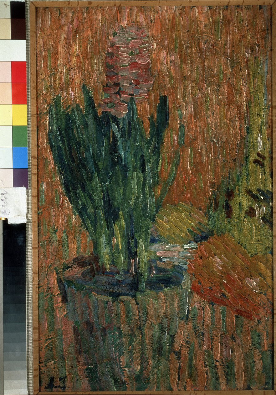 Nature morte (stilleben). Potteblomst på et bordhjørne. Verk av Alexei von Javlensky (Alexi von Jawlensky, Alexej von Javlenski) (1864-1941), olje på papp av Alexej von Jawlensky