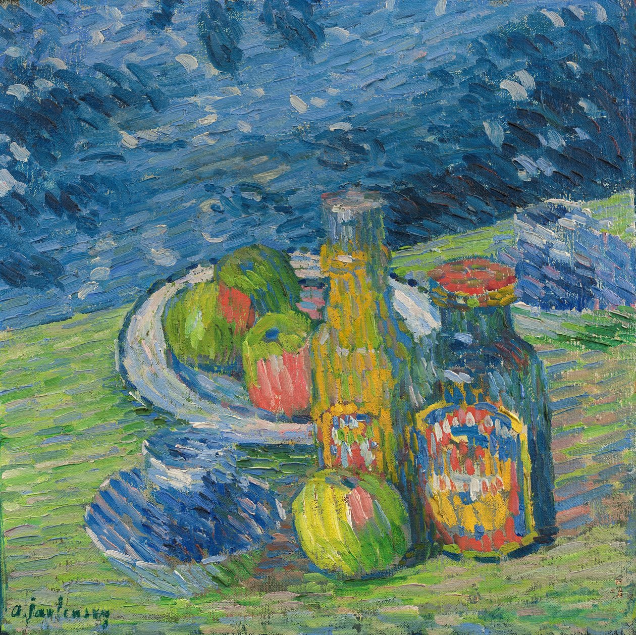 Stilleben med flasker og frukt av Alexej von Jawlensky