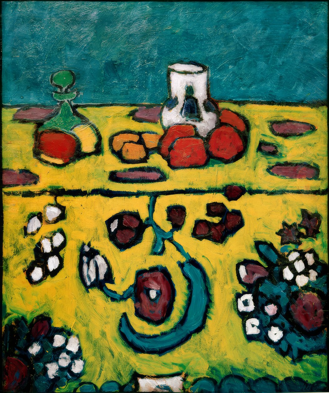 Stilleben med et fargerikt teppe av Alexej von Jawlensky