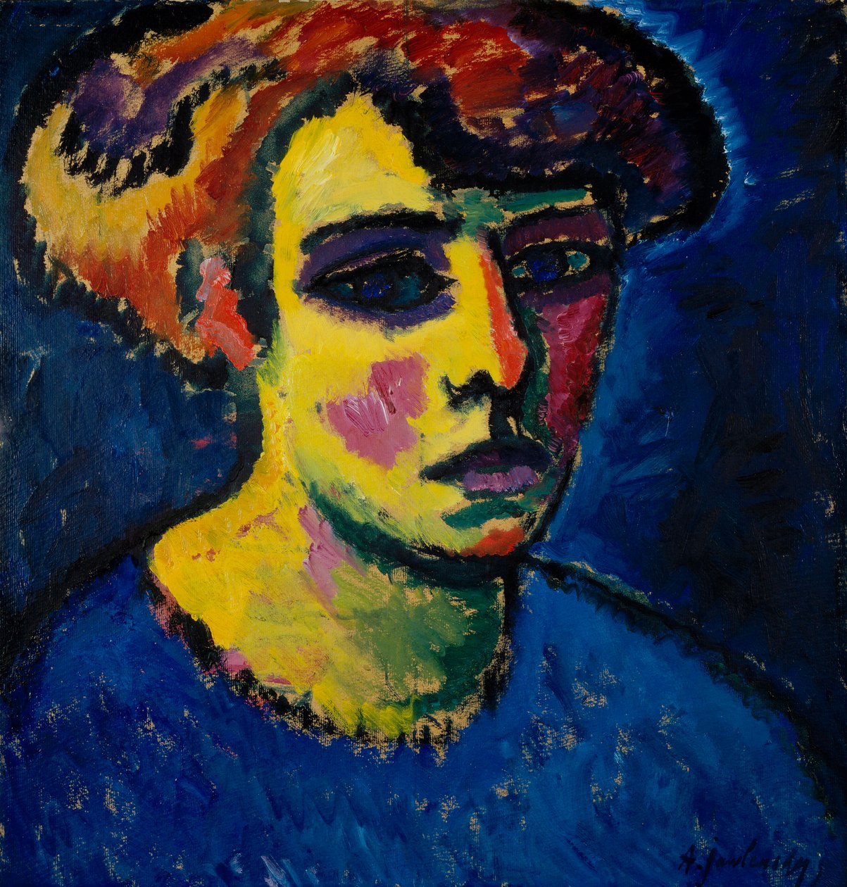 Tete de femme (Head of a Woman) - Maleri av Alexei von Javlensky (1864-1941) olje på papp (52,2x50,2 cm) av Alexej von Jawlensky