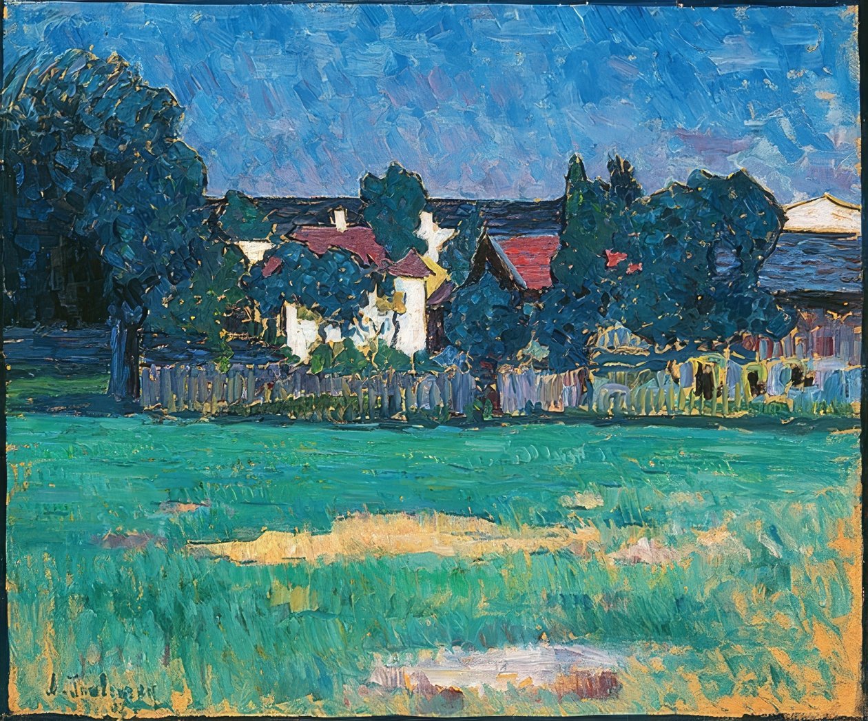 Wasserburgerlandskap med hus og eng. 1907 av Alexej von Jawlensky