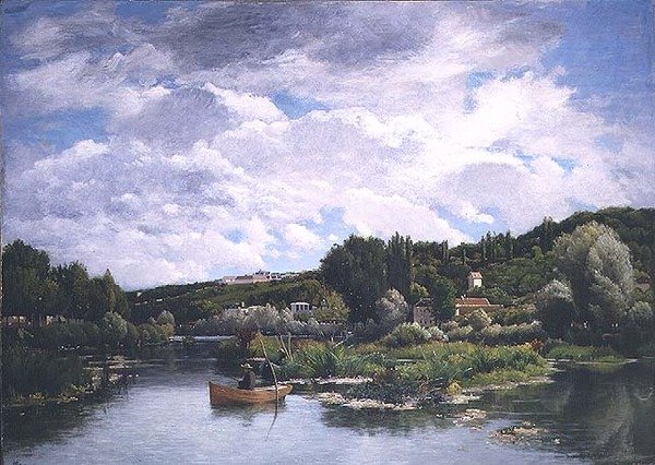 Lake scene med fiskere og hytter bak av Alexina Cherpin