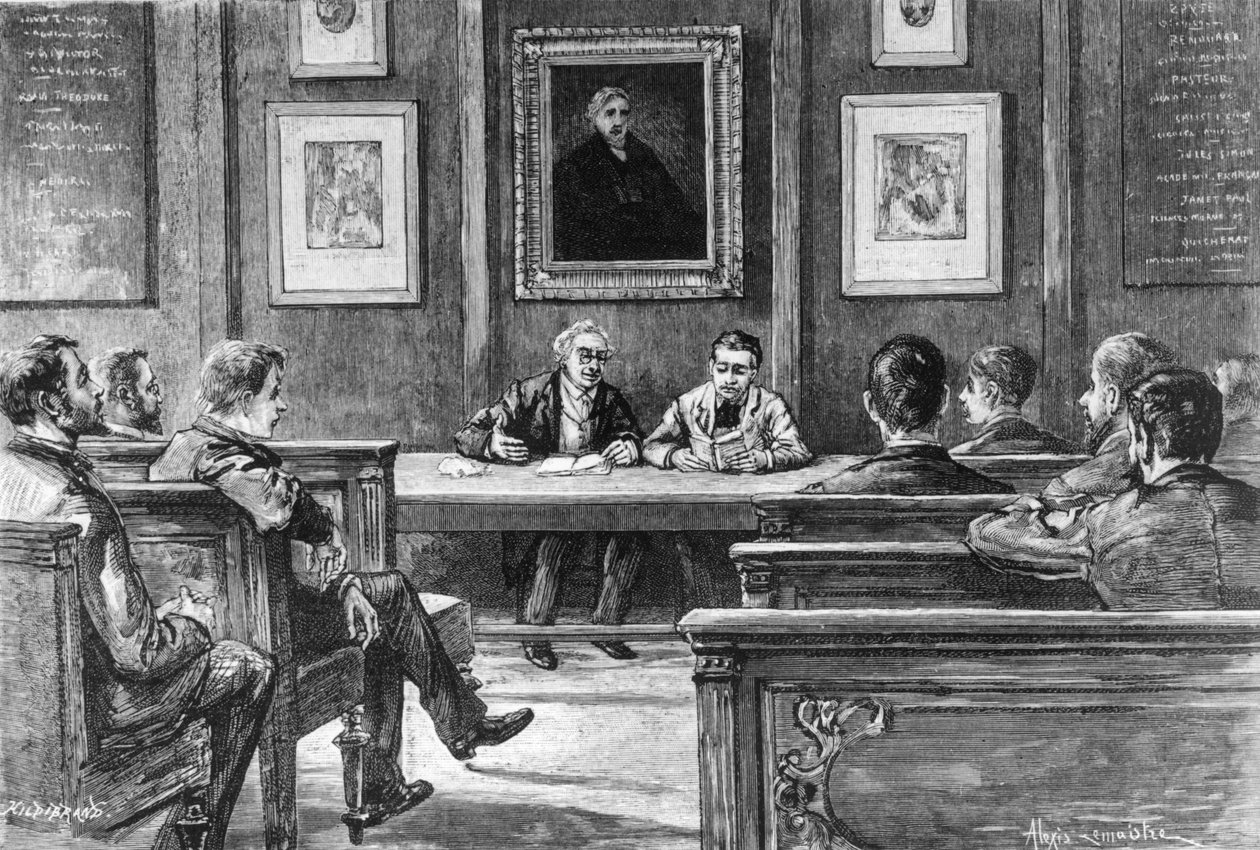 En taleuttaleklasse ved Ecole Normale Superieure i Paris, fra Nos Grandes Ecoles av Louis Rousselet, Hachette, Paris, 1888 (bw-bilde) av Alexis Lemaistre