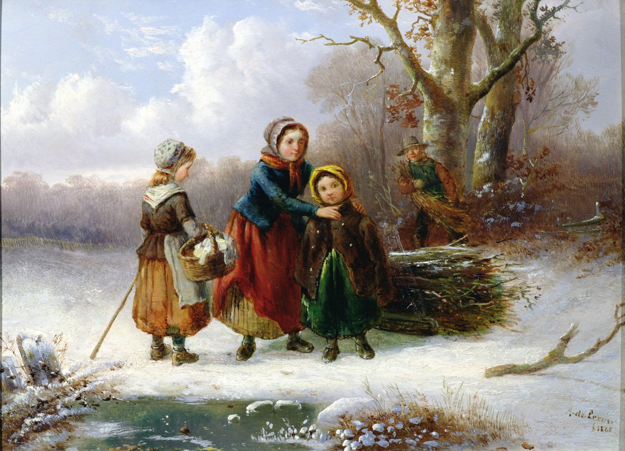 Three Girls in a Winter Landscape, 1865 (par 98604) av Alexis de Leeuw