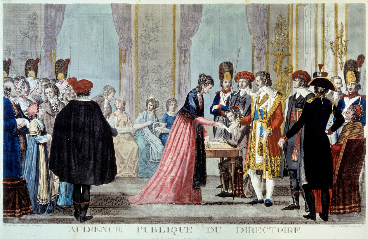 En offentlig høring av hovedstyret (1795-1798) Offentligheten kommer for å sende inn sine forespørsler eller klager til statens representant. Gravering av Alexis Chataignier (1772-1817) 1795. Paris, B.N. av Alexis Chataignier