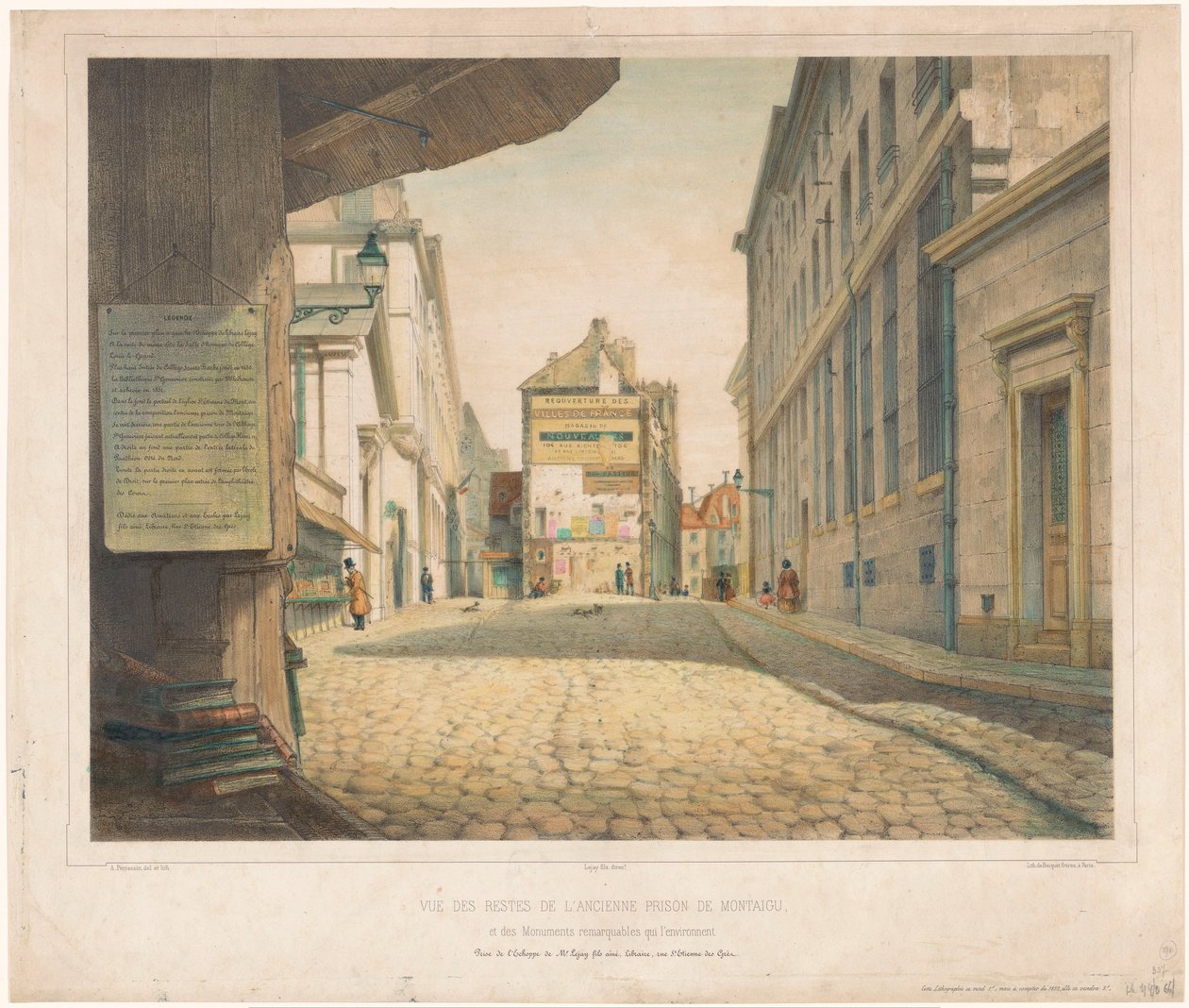 Gezicht op de Rue Saint-Étienne-des-Grès te Parijs Utsikt over restene av det tidligere fengselet i Montaigu, og de bemerkelsesverdige monumentene som omgir det (tittel på objekt) av Alexis Perrassini
