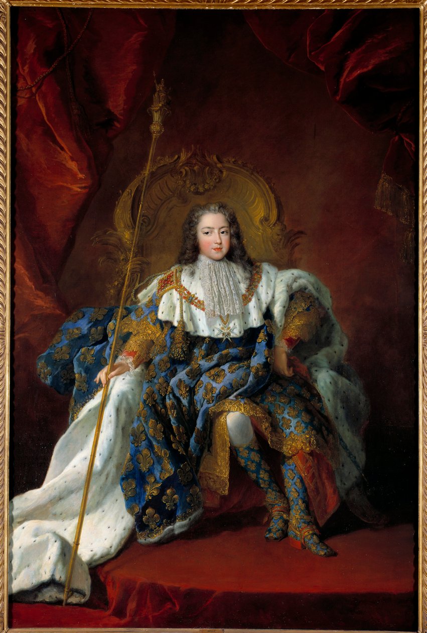 Portrett av Louis XV (1710-1774) barn på sin trone dekket av kostyme og attributter til det hellige maleriet av Alexis Simon Belle (1674-1734) 1723 Søn. 2,26x1,8 m - Portrett av Ludvig XV (1710-1774), som et barn på sin trone med kroningskjole - Pai av Alexis Simon Belle