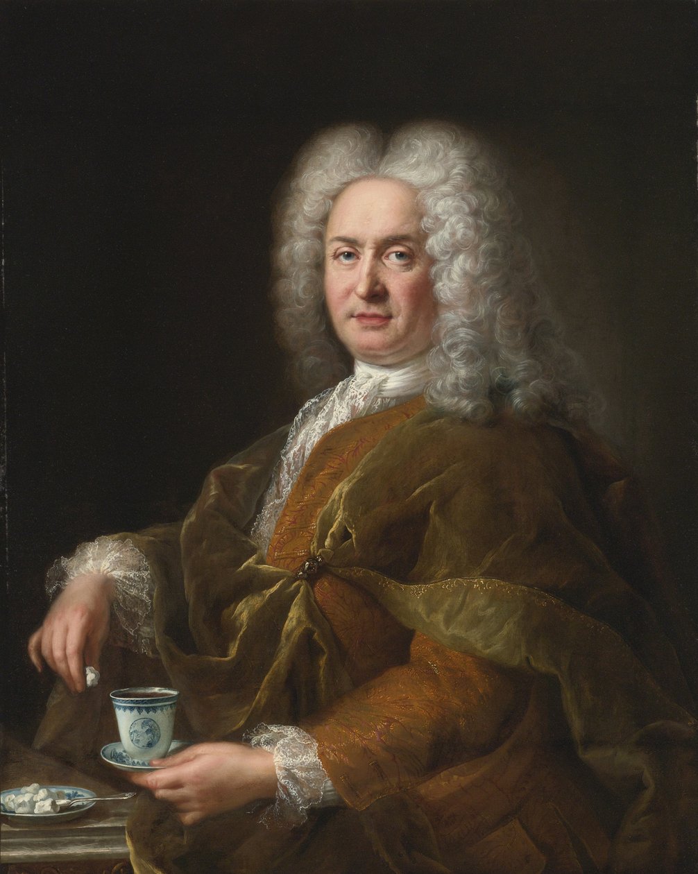 Portrett av en herre som holder en kopp sjokolade av Alexis Simon Belle
