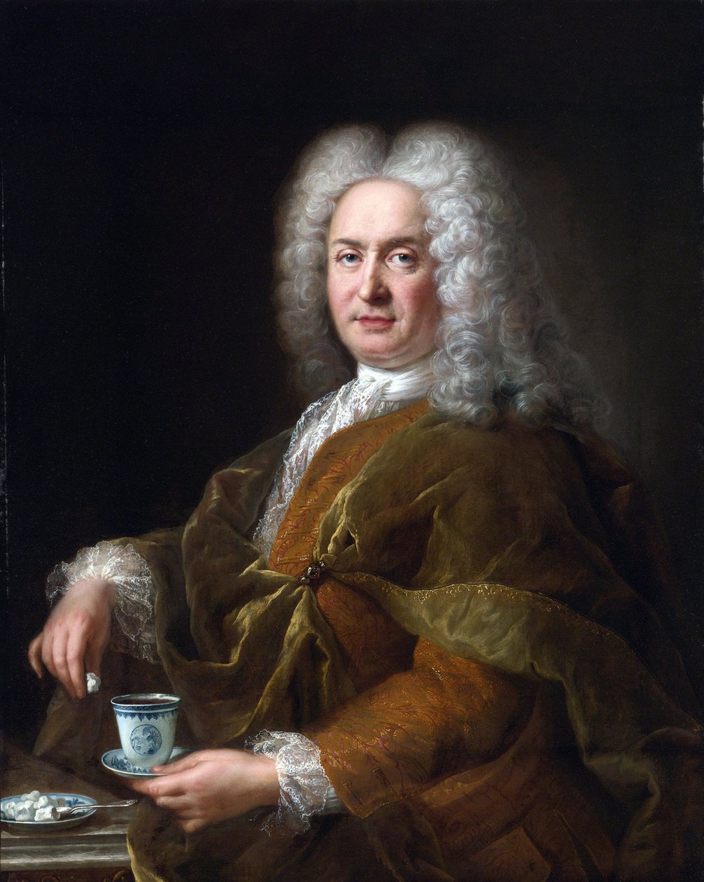 Portrett av en herre som holder en kopp sjokolade - Peinture de Alexis Simon Belle av Alexis Simon Belle