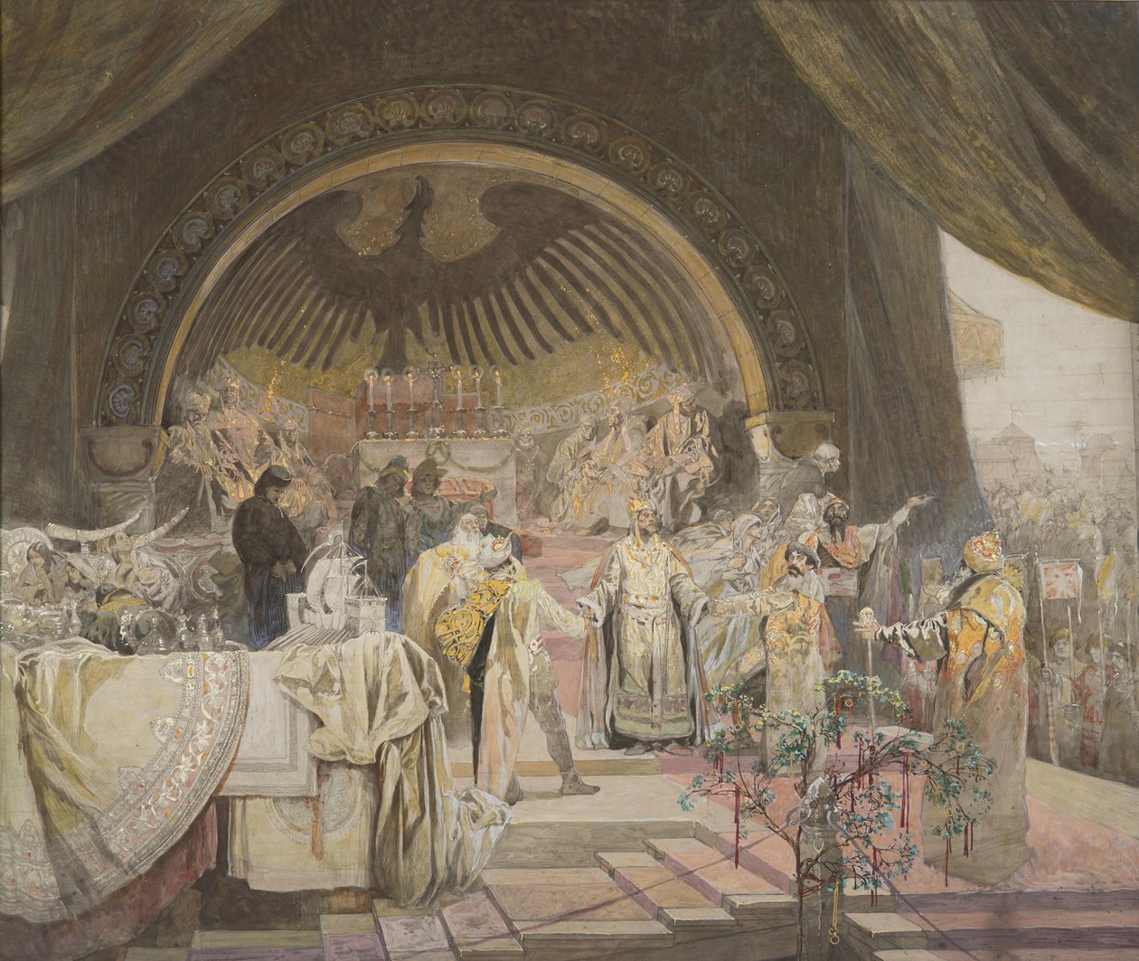 Ottokar II av Böhmen. The Union of Slavic Dynasties Syklusen The Slav Epic Sketch. av Alfons Marie Mucha