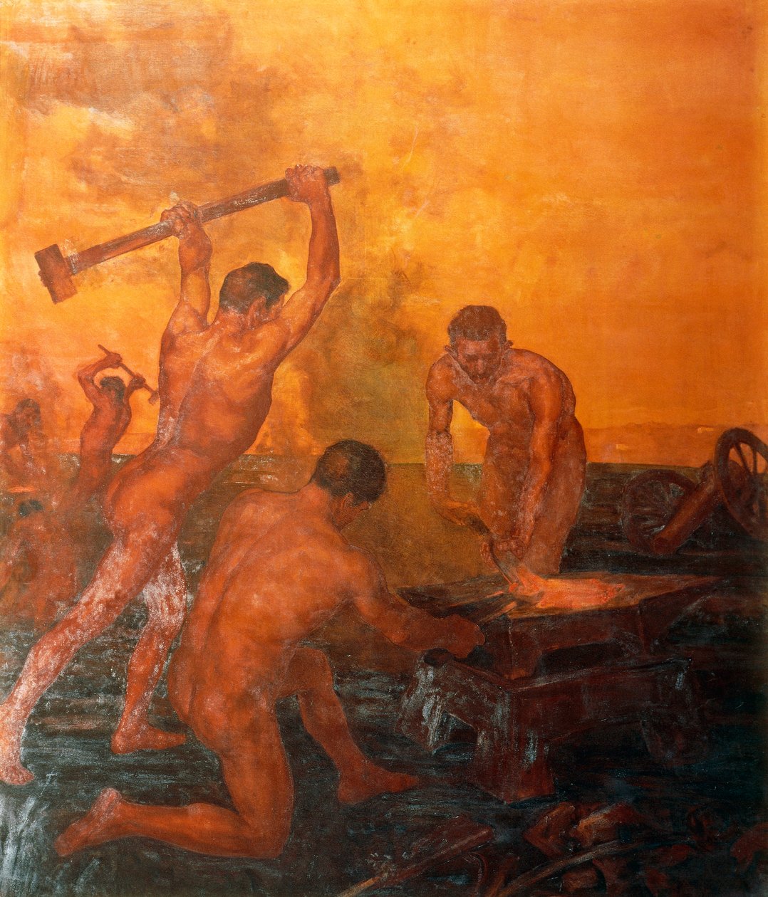 Smien, venstre panel av Railwaymen triptych av Alfonso Quarantelli