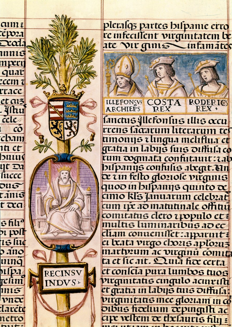 Portrett av Flavius ​​​​Recceswinth, kongen av vestgotene i Spania fra 653 til hans død i 672, miniatyr i "Slektshistorien til kongene av Spania" av Alfonso de Cartagena