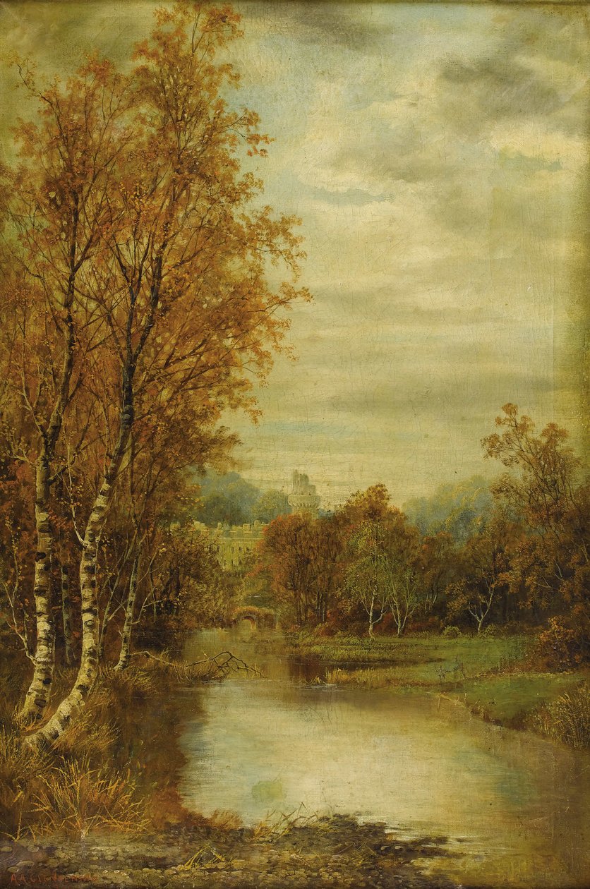 Høstlandskap med dam og slottstårn av Alfred Augustus Glendening