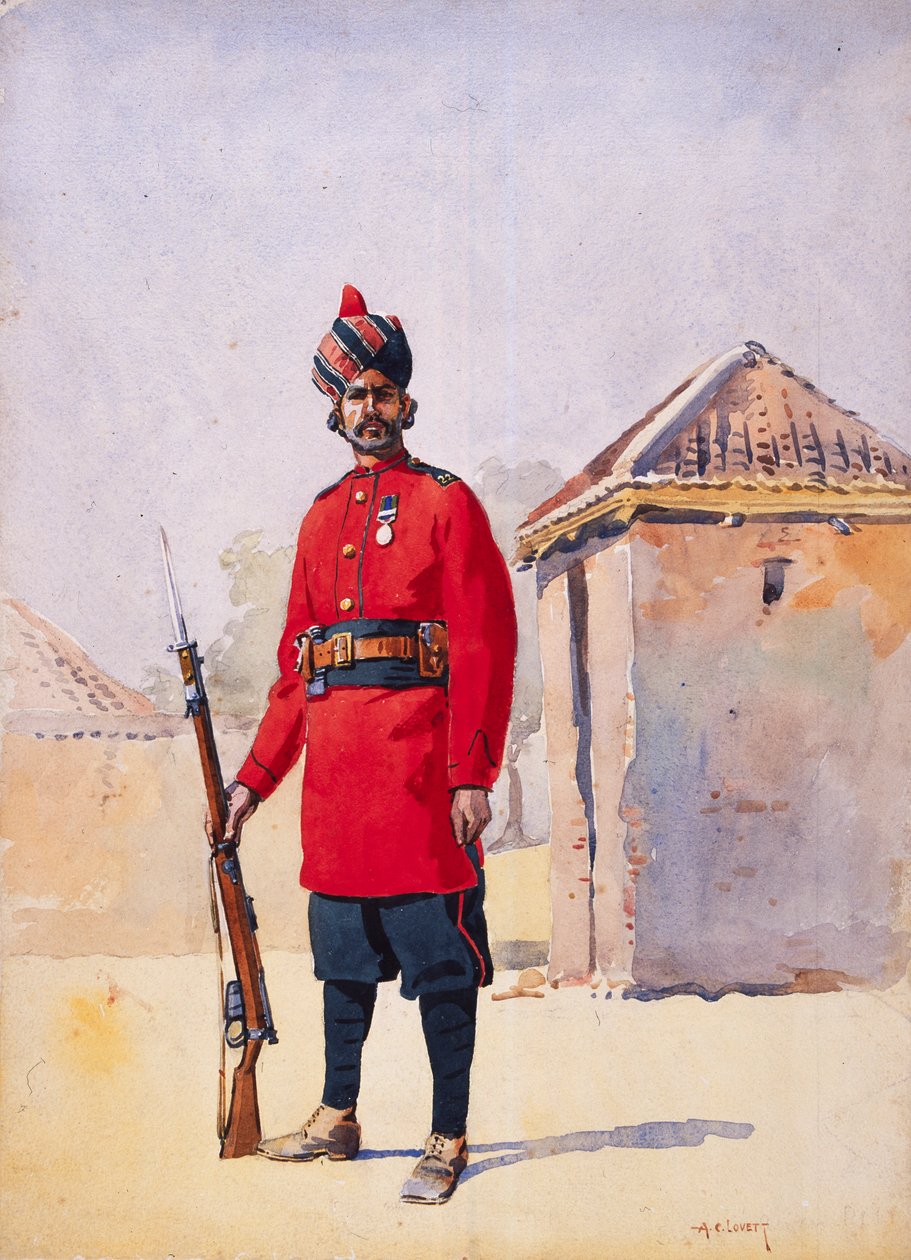 Soldat of the 22nd Punjabis Awan of Shahpur, illustrasjon for 'Armies of India' av major GF MacMunn, utgitt i 1911, 1908 av Alfred Crowdy Lovett
