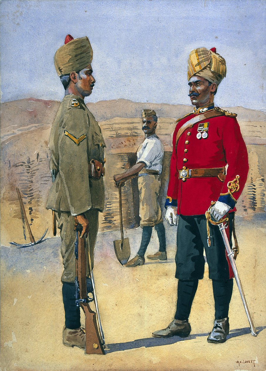 Soldater fra 3rd Sappers and Miners Lance, Naik, Brahman of Oudh. Jemadah, Dekhani Mahratti, illustrasjon for 