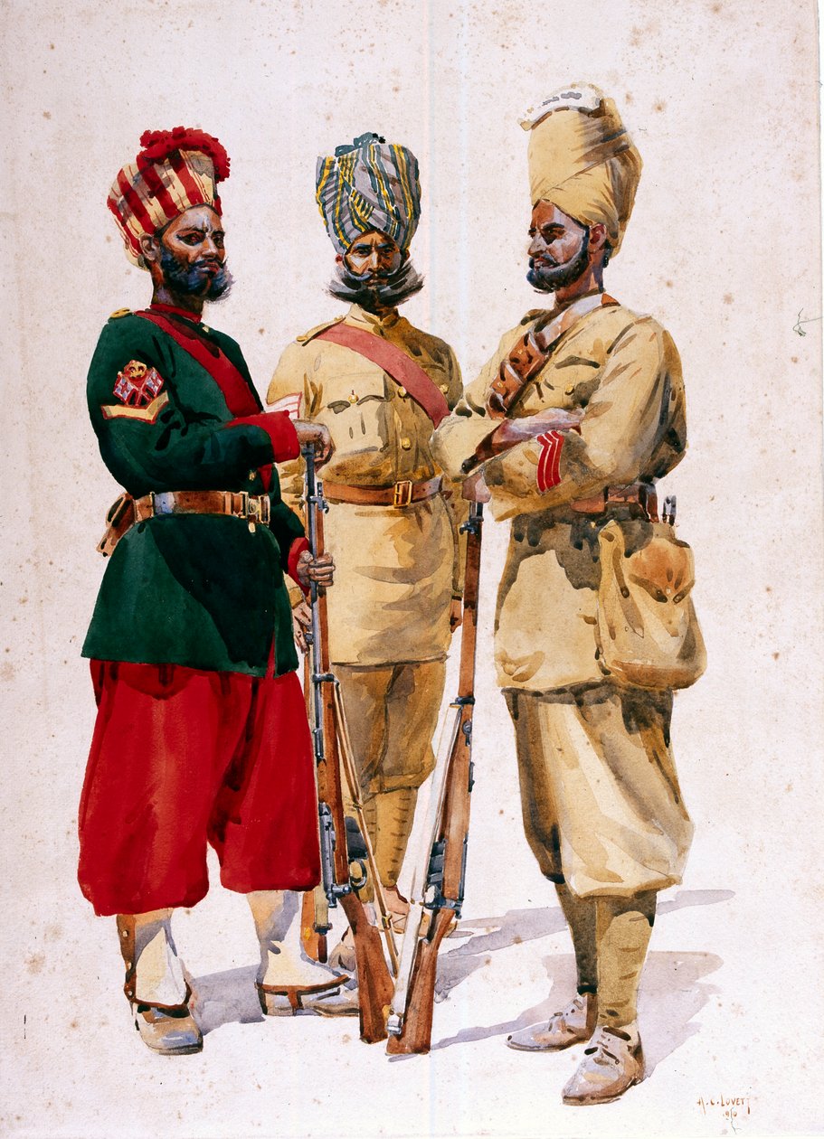Soldiers of the 43rd Erinpura Regiment, the 44th Merwara Infantry and the 108th Infantry, illustrasjon for 'Armies of India' av major GF MacMunn, utgitt i 1911, 1910 av Alfred Crowdy Lovett