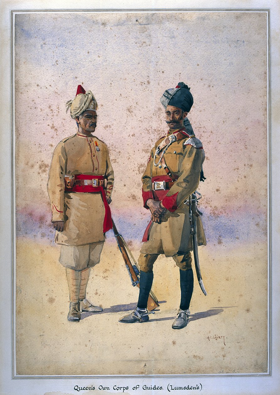 Soldiers of the Queen's Own Corps of Guides (Lumsden's) Infantry, Tanaoli (Pathan) illustrasjon for 'Armies of India' av major GF MacMunn, utgitt i 1911, 1908 av Alfred Crowdy Lovett