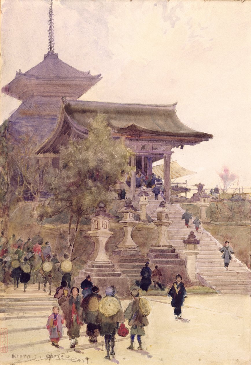 Inngangen til tempelet til Kiyomizu-Dera, Kyoto, med pilegrimer som stiger opp av Alfred East