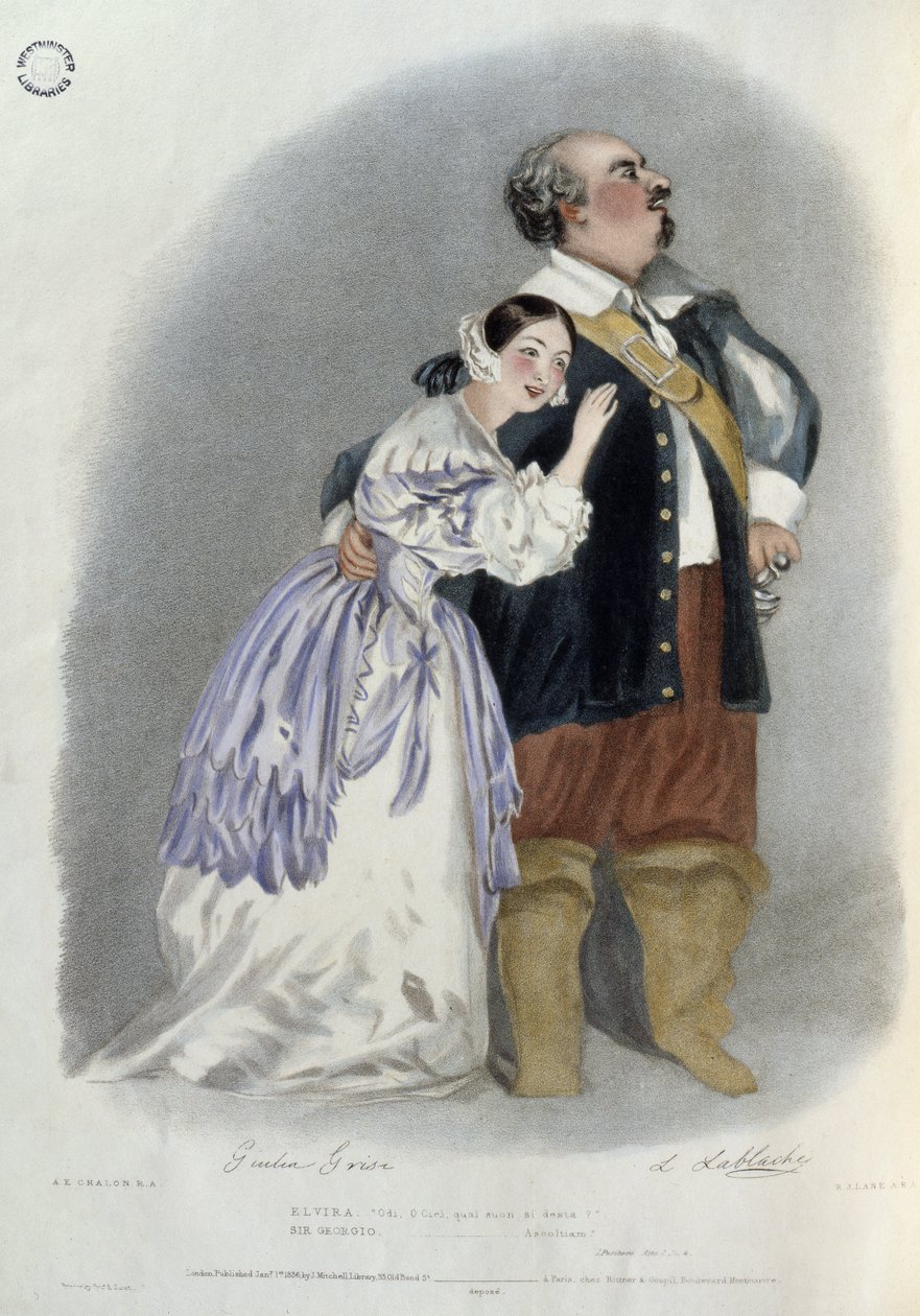 Giulia Grisi (1811-69) som Elvira og Luigi Lablache (1794-1858) som Sir George Walton i 
