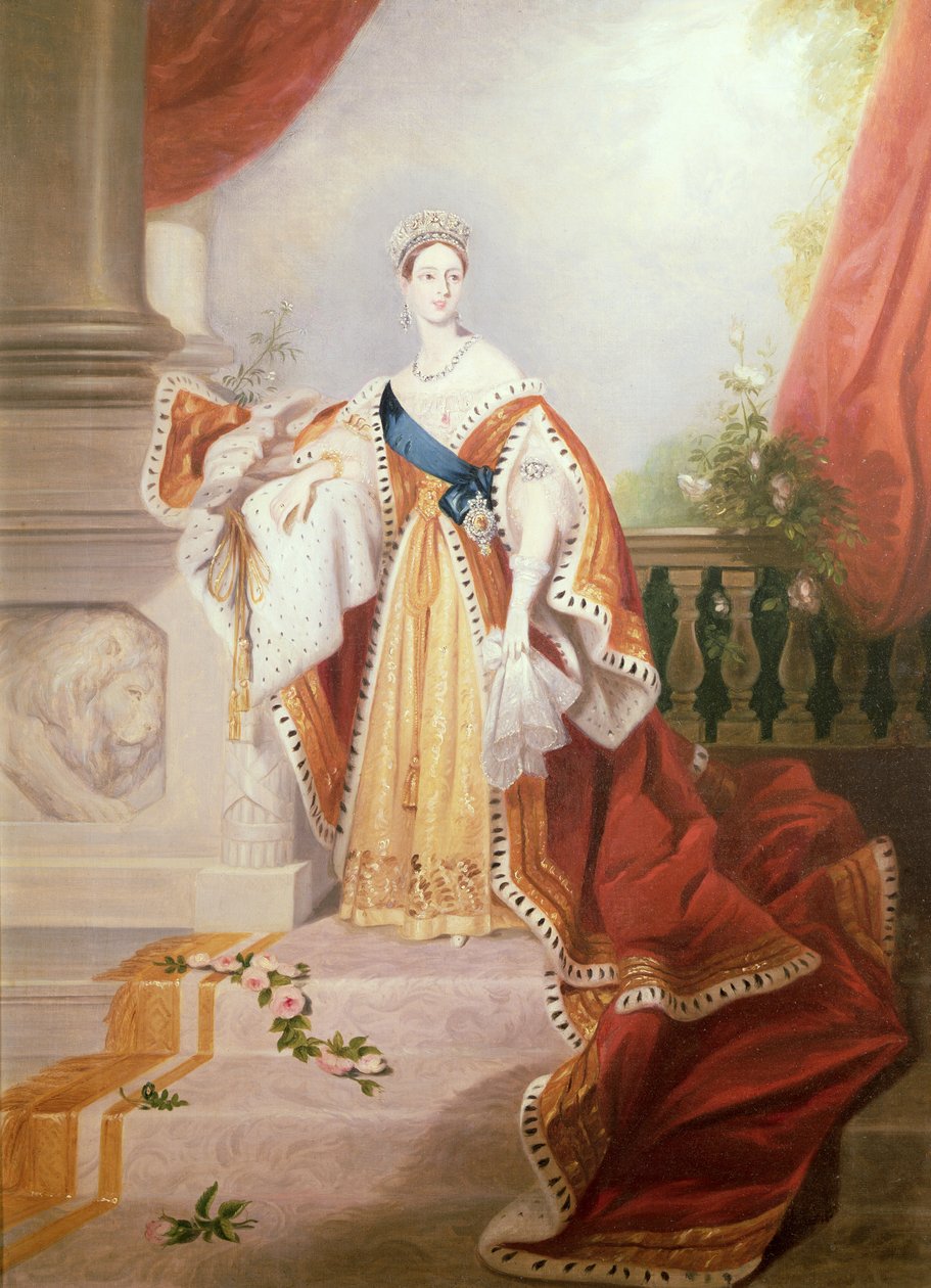 Portrett av dronning Victoria i kroningskåper av Alfred Edward Chalon