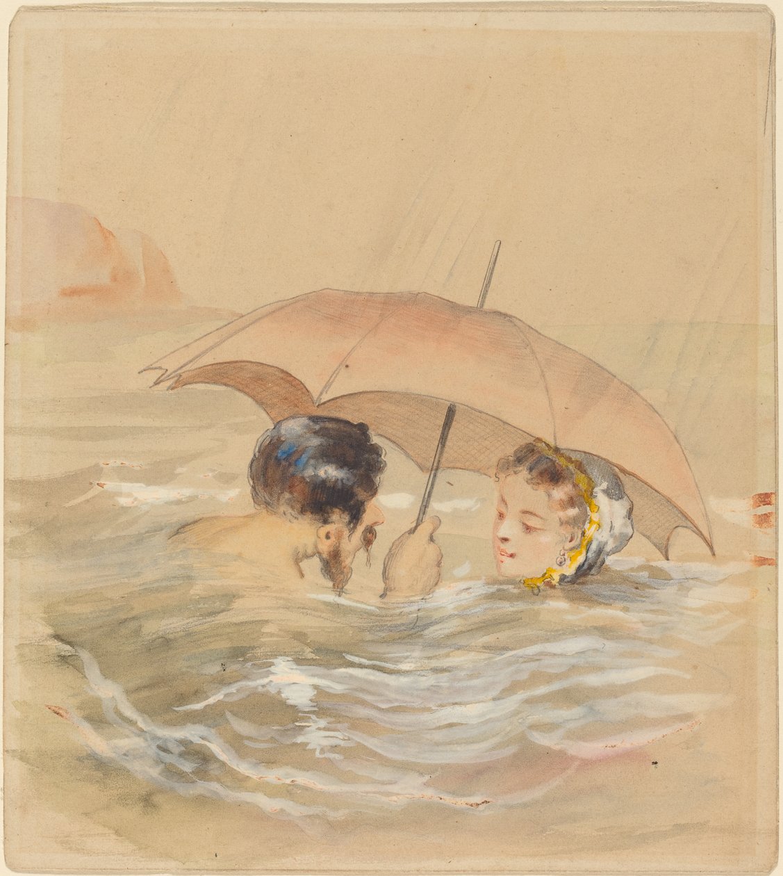 Mannlige og kvinnelige badende med paraply (wc og gouache over grafitt på kort) av Alfred Grevin