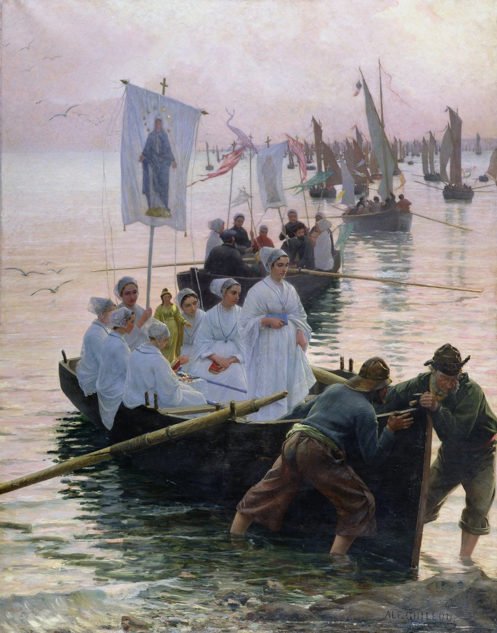 Ankomsten av prosesjonen til St. Anne fra Fouesnant til Concarneau, 1887 av Alfred Guillou