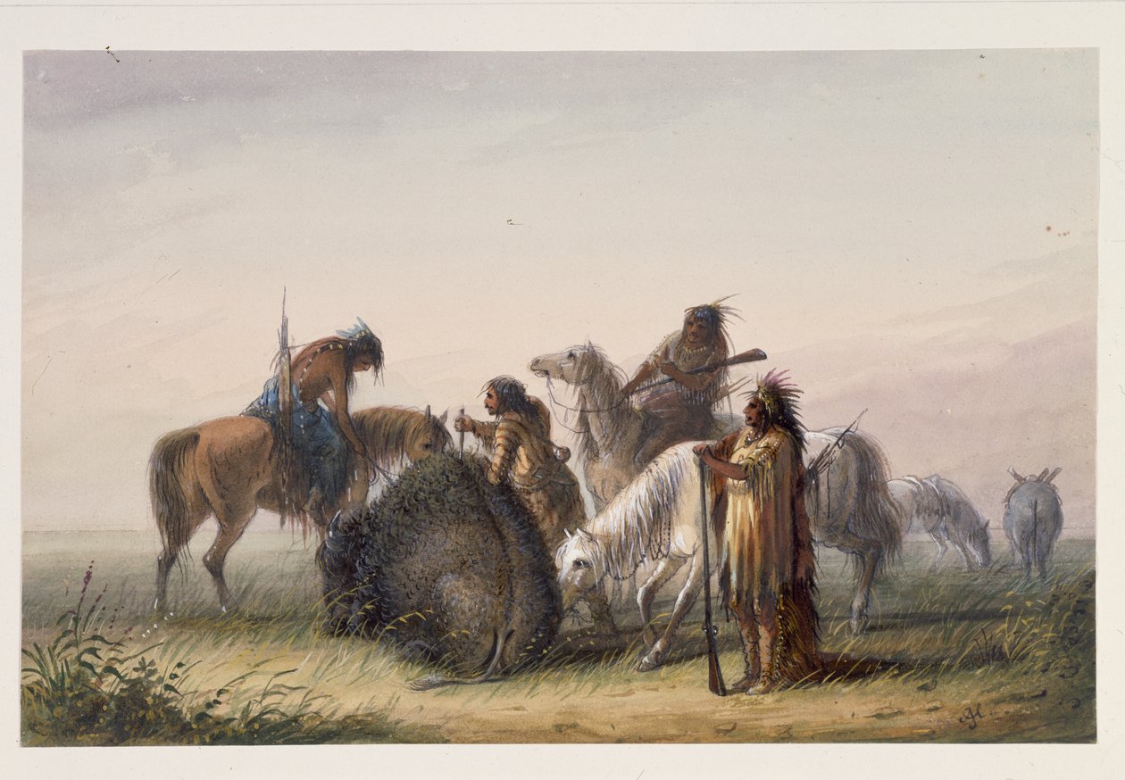 Forsyner leiren med Buffalo Meat, ca. 1858-60 (wc på papir) av Alfred Jacob Miller