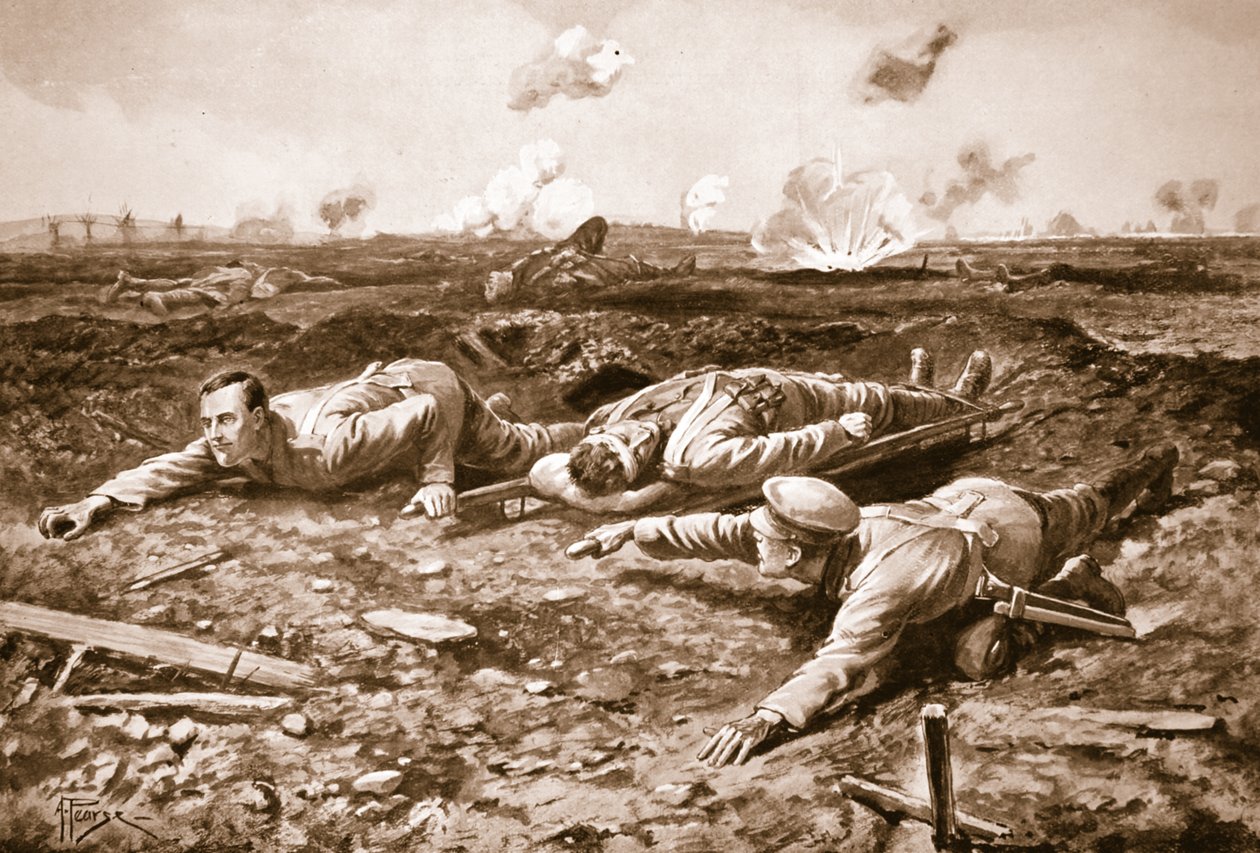 Korporal Brown og underkorporal Dobson drar en såret mann over det åpne til de britiske linjene under ild av Alfred Pearse