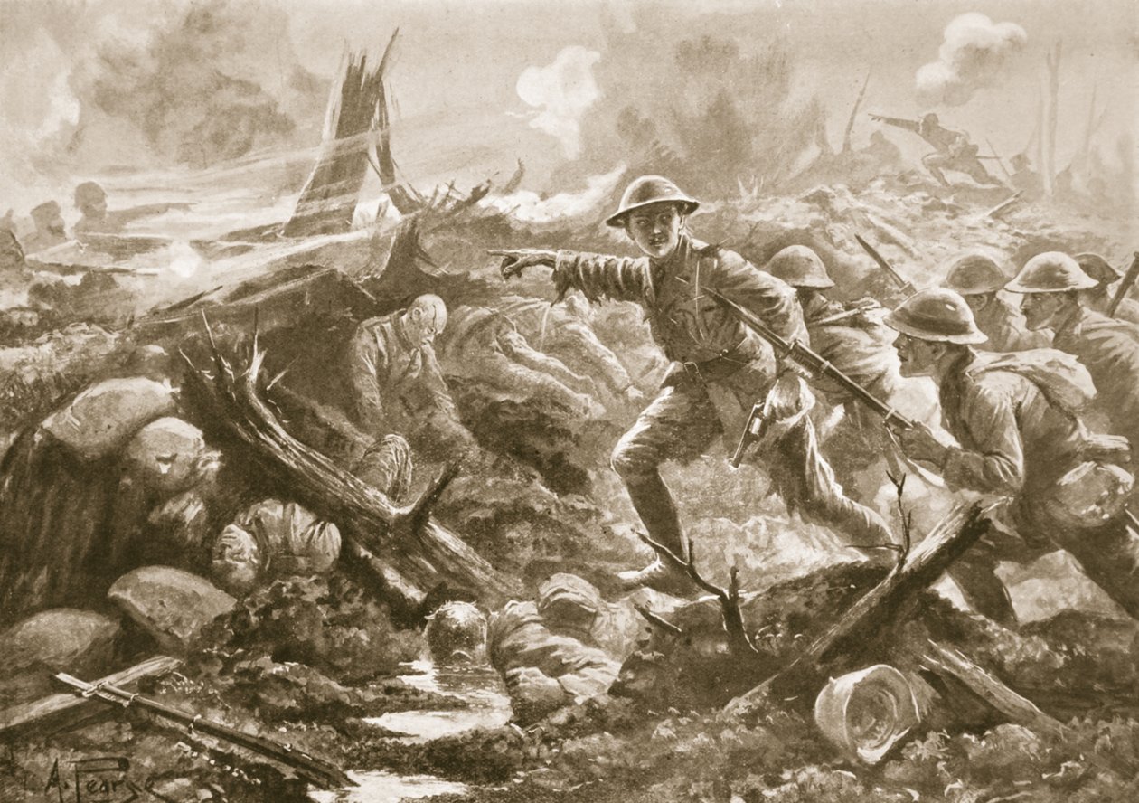 Løytnant (midlertidig oberstløytnant) R.B. Bradford, MC, samler mennene til en annen bataljon og leder dem fremover med sin egen bataljon av Alfred Pearse
