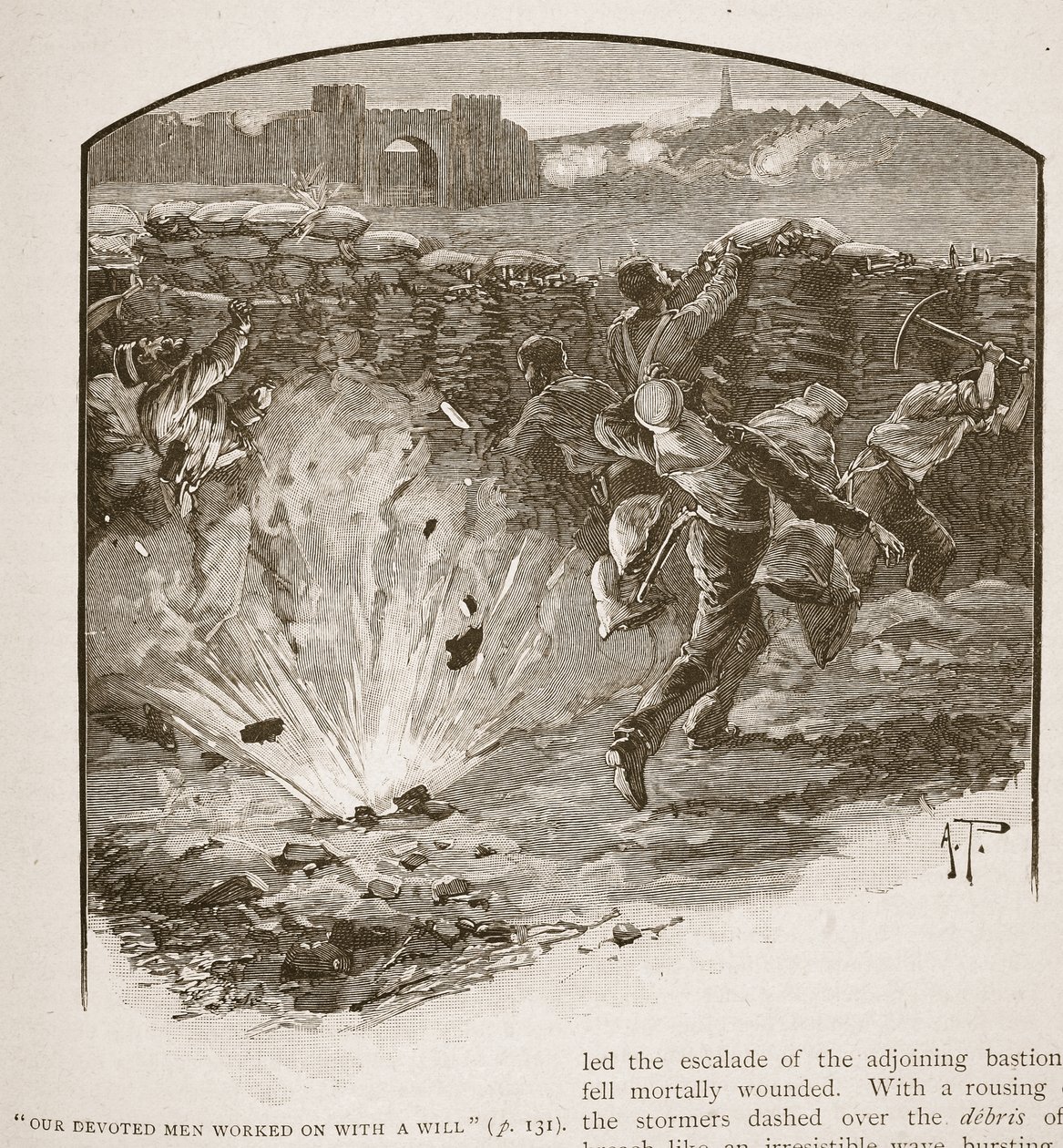 'Våre hengivne menn jobbet med en vilje', illustrasjon fra 'Battles of the Nineteenth Century' av Archibald Forbes, GA Henty og major Arthur Griffiths av Alfred Pearse