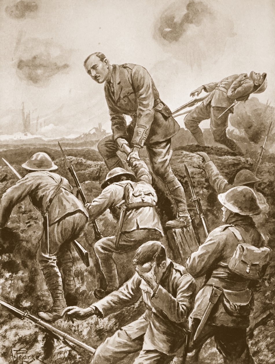 Midlertidig major S.W. Loudoun-Shand hjelper menn over brystningen mens de ble utsatt for veldig heftig maskingeværild av Alfred Pearse