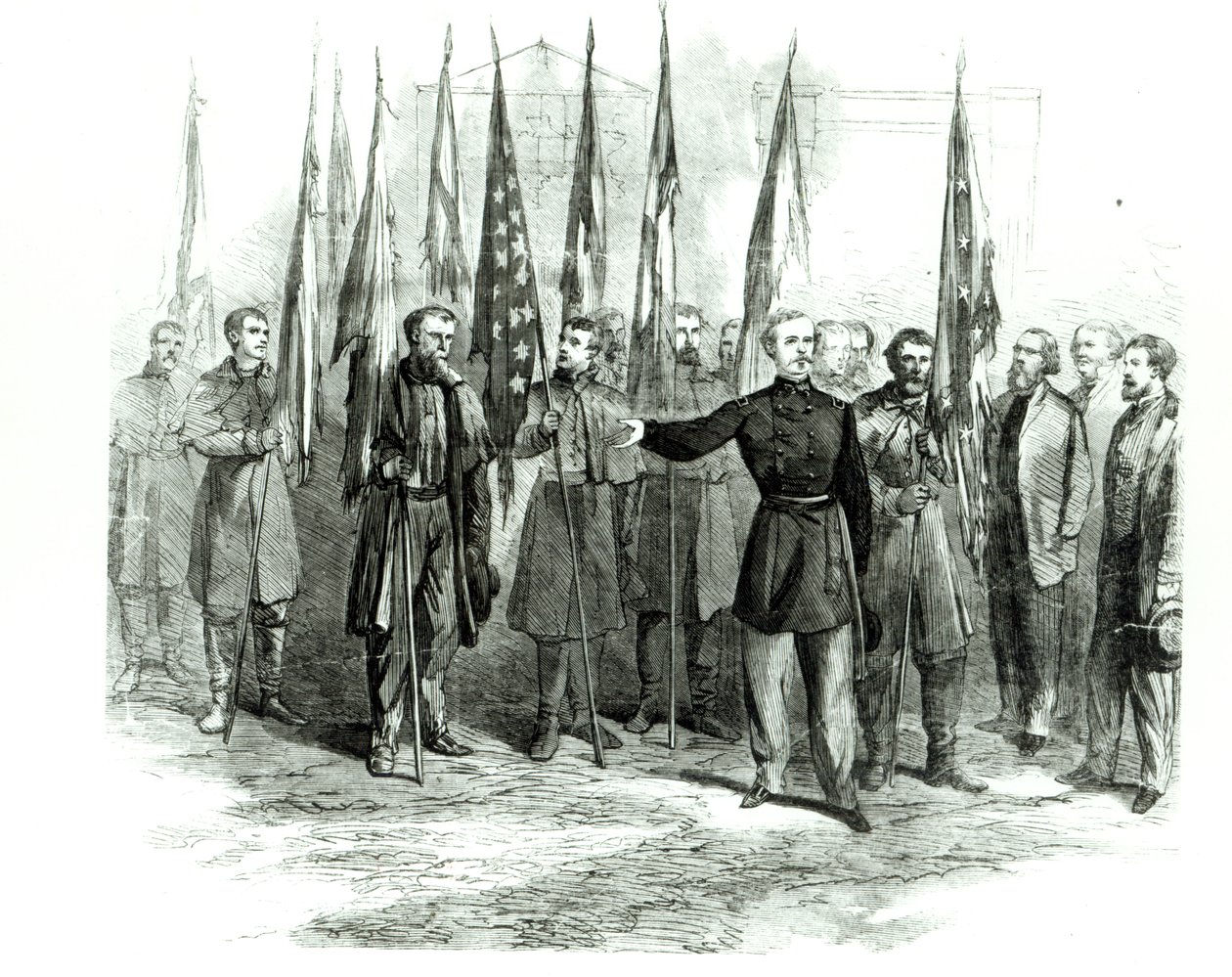 General Custer presenterte fangede konfødererte flagg i Washington 23. oktober 1864 av Alfred Rudolph Waud