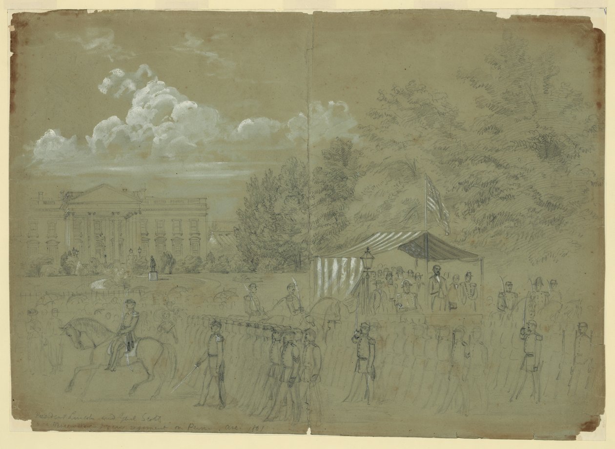 President Lincoln og genl. Scott Gjennomgå 3 års regiment på Penn Ave. 1861 av Alfred Rudolph Waud