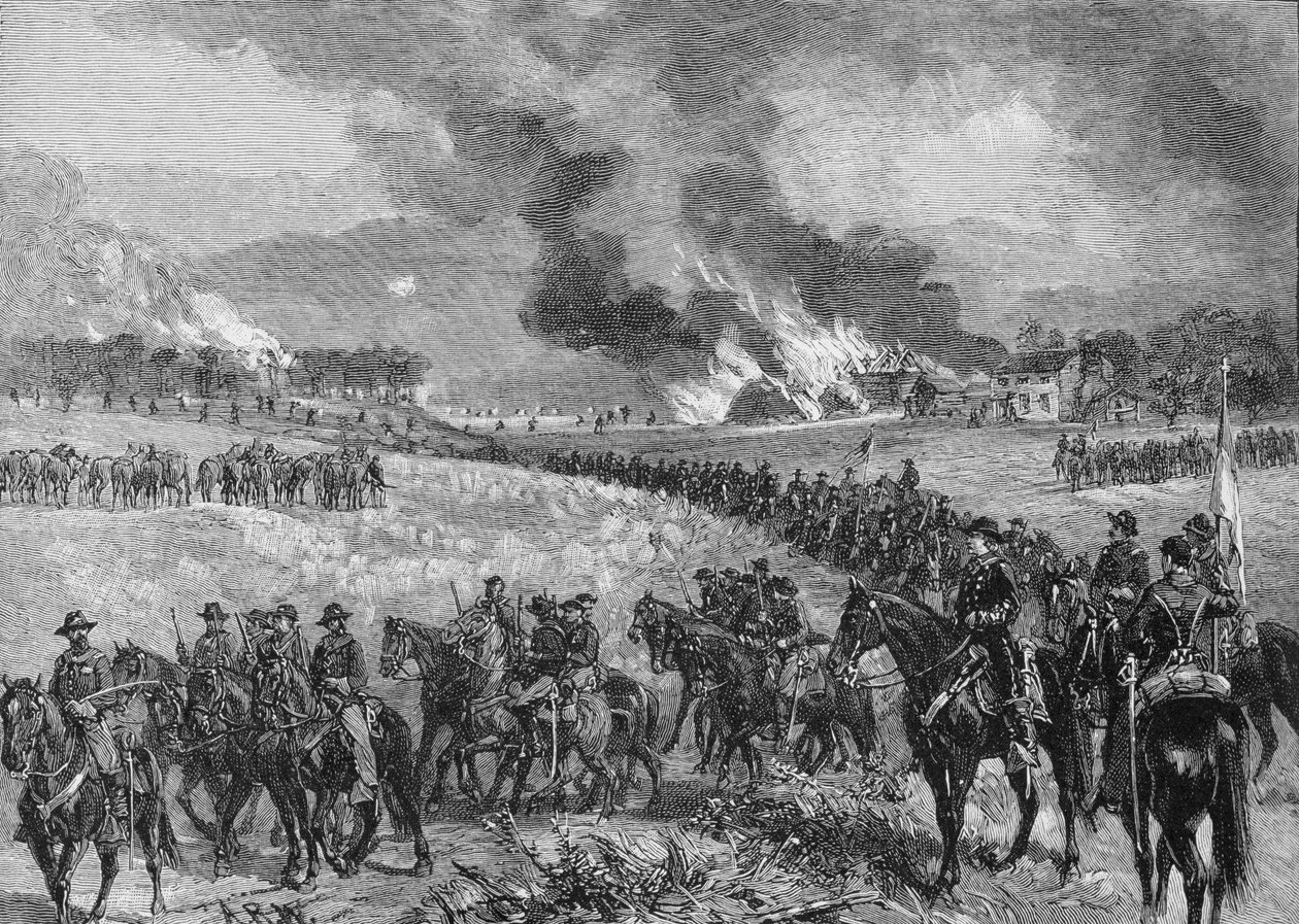 Bakvakten: General Custers divisjon som trekker seg tilbake fra Mount Jackson, 7. oktober 1864, illustrasjon fra 