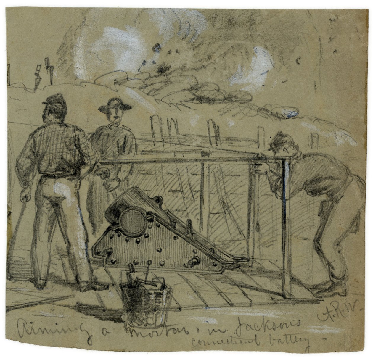 Sikter en 8-tommers unionsbeleiringsmørtel i skyttergravene utenfor Petersburg, Virginia, som skissert av Alfred R. Waud av Alfred Rudolph Waud