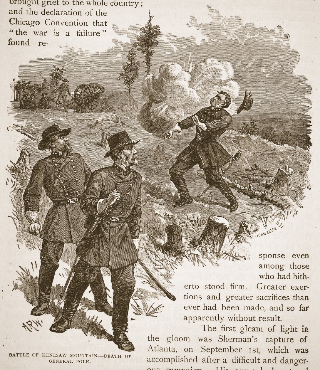 Battle of Kenesaw Mountain - Death of General Polk, fra en bokpub. 1896 av Alfred Rudolph Waud