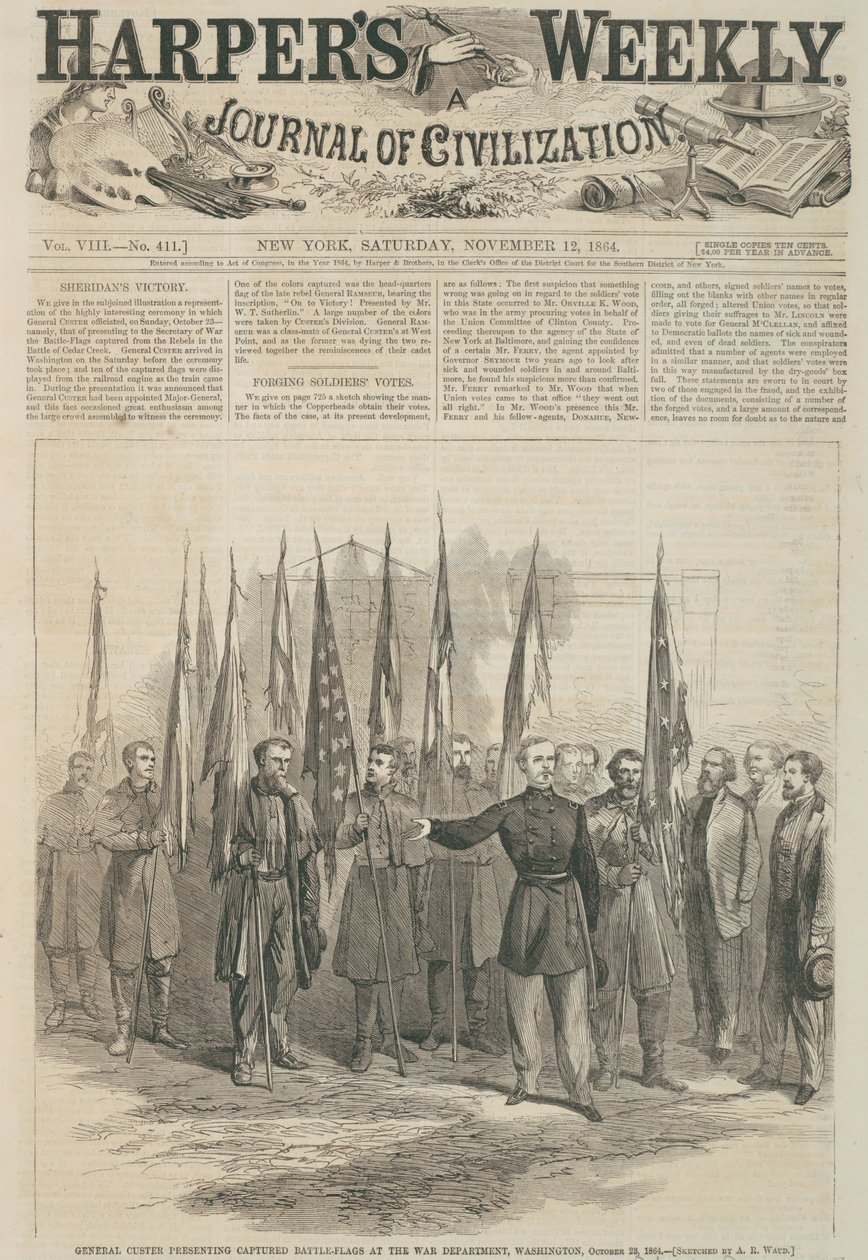 General Custer presenterer fangede kampflagg ved krigsdepartementet, Washington, forsiden av 'Harper's Weekly', 1864 (tregravering) av Alfred Rudolph Waud