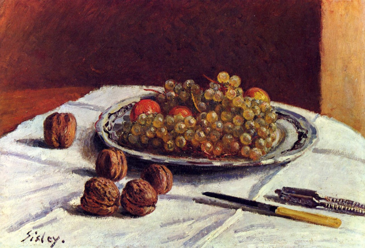 Stilleben, druer og nøtter av Alfred Sisley