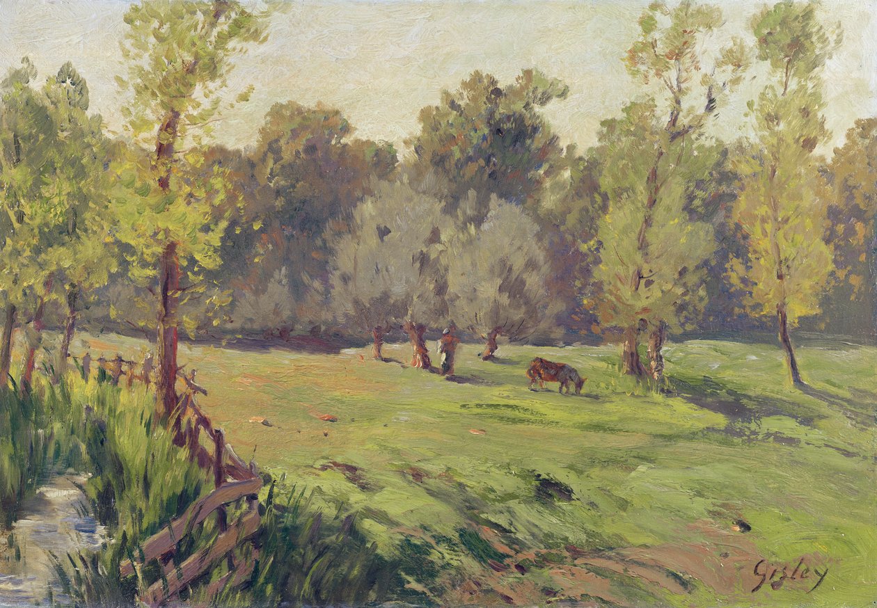 Et beiteområde med en bekk og en innhegning, ca. 1868 av Alfred Sisley