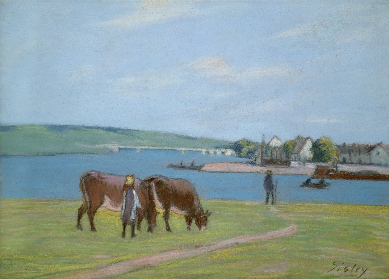Kyr på bredden av Seinen ved Saint-Mammes (pastell) av Alfred Sisley