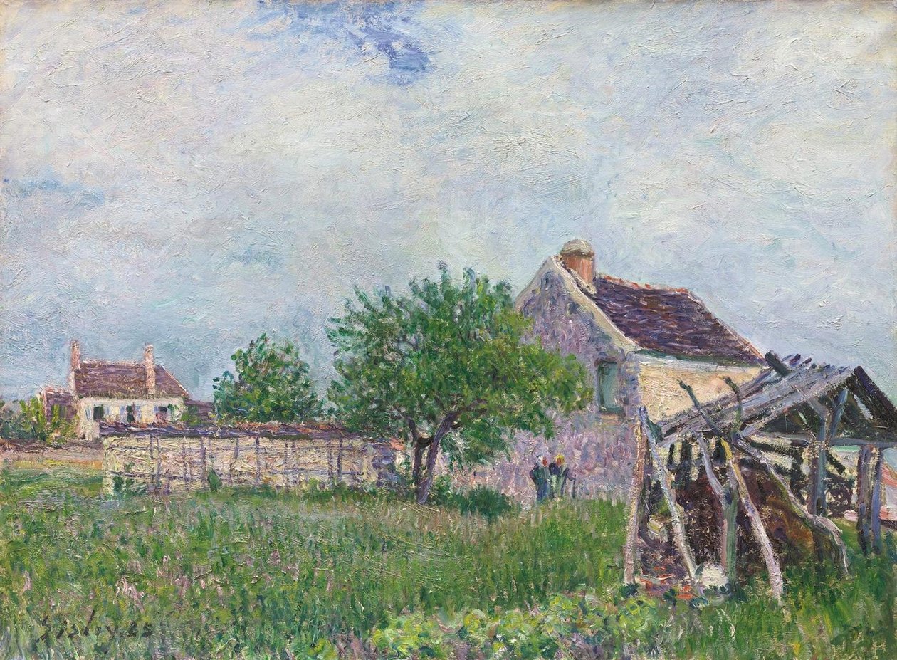 Gammel stråtak i Les Sablons av Alfred Sisley
