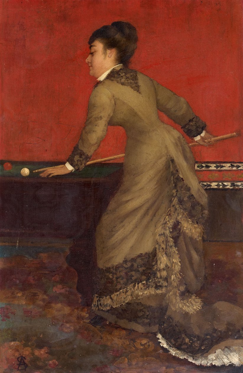 Elegant på biljard. En viktoriansk aristokratisk kvinne som spiller biljard. av Alfred Emile Stevens
