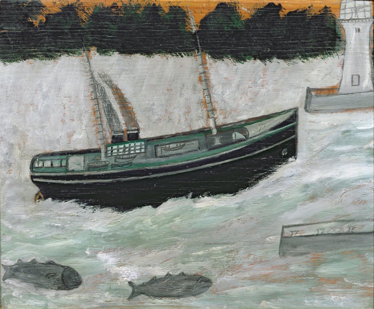 Fyr med tråler og fisk av Alfred Wallis